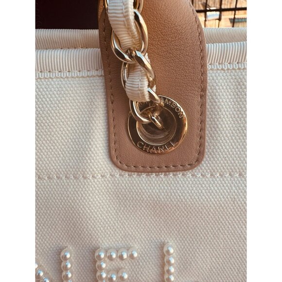 Chanel Beige Canvas & Leather Chain Tote Bag With Dual Handles & Logo Embroidery - Picture 9 of 16